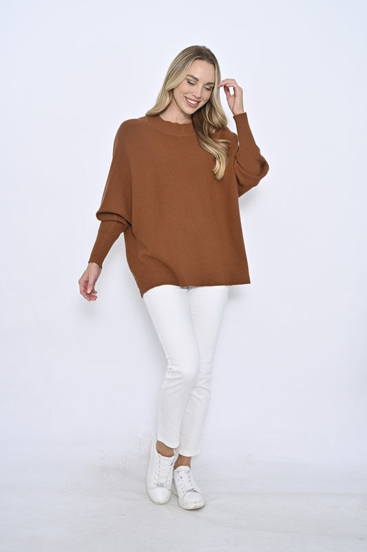 Batwing Ribbed Knit Jumper - Brown