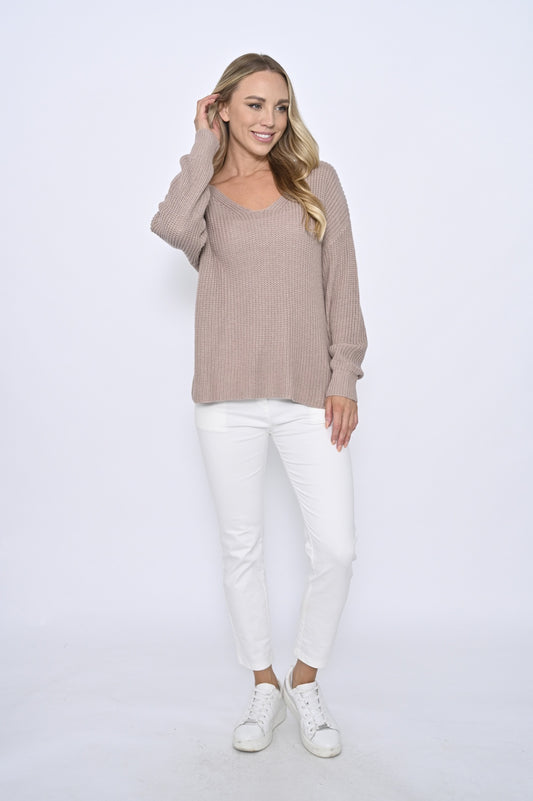 V-Neck Cotton Jumper - Mocha