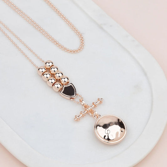Rose Gold T Bar Disc & Bead Necklace