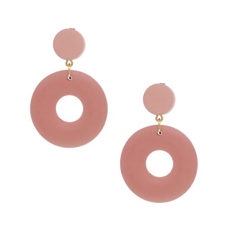 Wood Ring Drop Earrings Pink