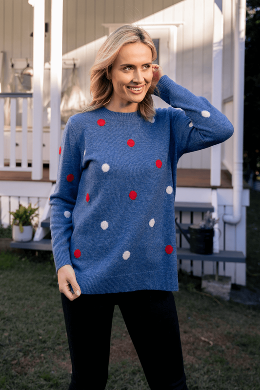 Spot Sweater Denim/Red/Cream