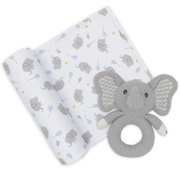 Jersey Swaddle & Rattle - Mason/Elephant